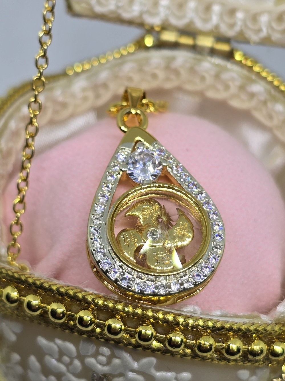 Gold Teardrop Pendant Necklace with Clear Stones - Women Jewelry